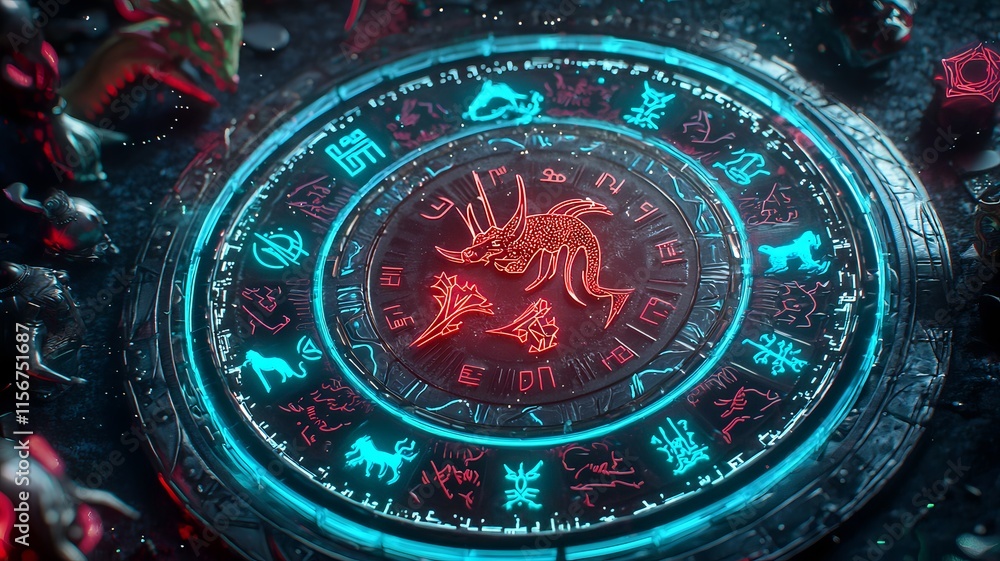 Poster mesmerizing neon chinese new year scene featuring glowing zodiac symbols set against a futuristic bl