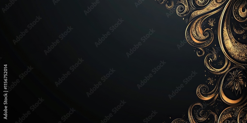 Poster luxurious black and gold paisley background with ornate design and ample empty space for elegant tex