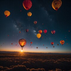 Balloons floating in space, illuminated by the Earth’s glow in the background.