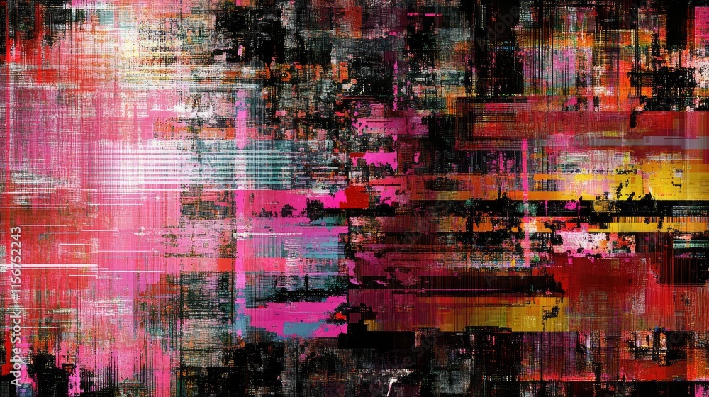Poster vibrant futuristic digital glitch background with abstract patterns and space for text overlay