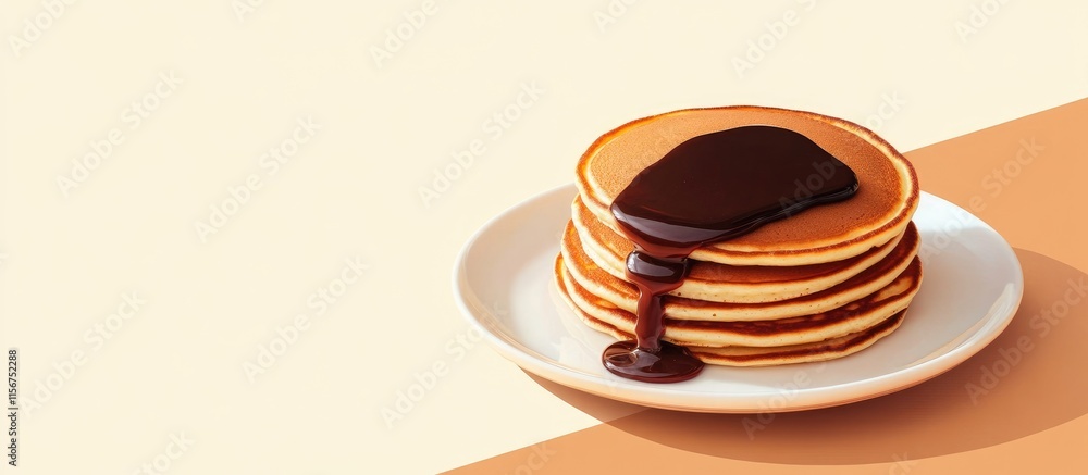 Poster stack of fluffy pancakes drizzled with rich chocolate syrup on a plate with neutral background for c