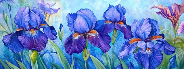 Dog in Vibrant Iris Garden with Blue and Purple Flowers and Blank Space for Text or Marketing Message