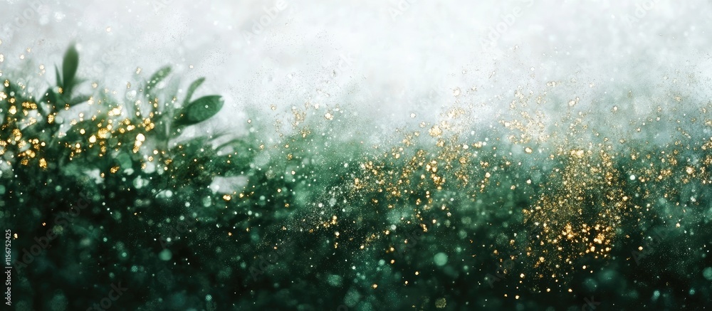 Poster luxurious green and white gradient background with golden bokeh lights creating a serene springtime 