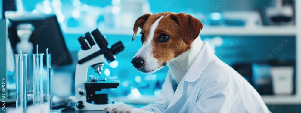 Poster dog scientist in lab coat examining artificial intelligence concepts with laboratory equipment and c