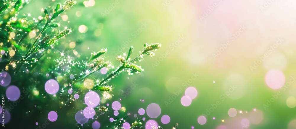 Poster vibrant green and purple abstract background with sparkling blurred lights ideal for text placement 