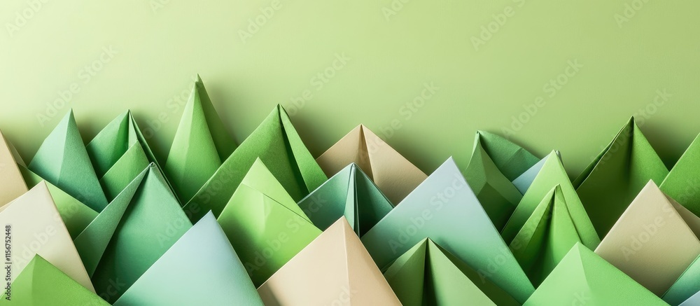 Poster origami paper forms in green tones creating a textured landscape with empty space for text and desig