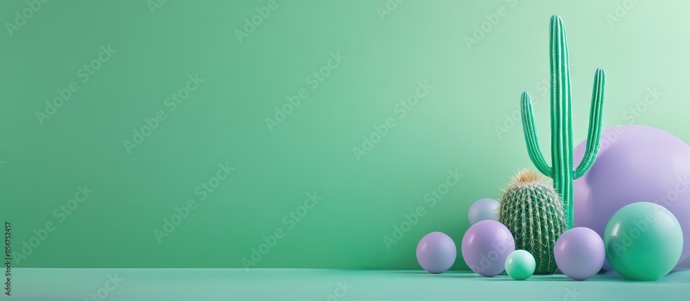 Poster colorful green and purple abstract items with a cactus on a vibrant green backdrop and ample copy sp