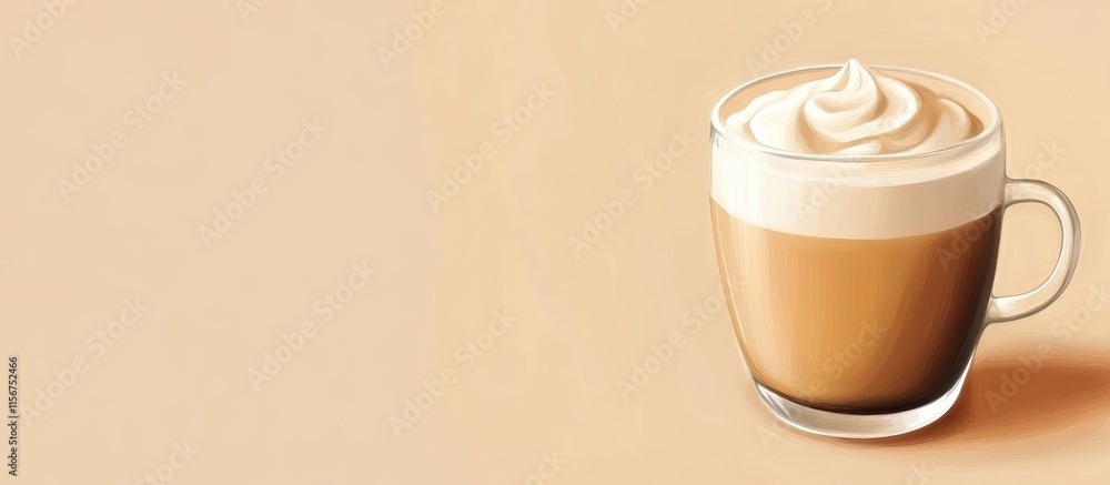 Poster aromatic latte coffee in transparent cup with creamy foam on beige background for custom text displa