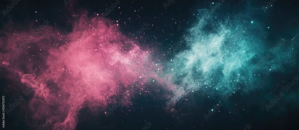 Poster vibrant green and pink nebula in deep space with ample copy space for text and composition elements