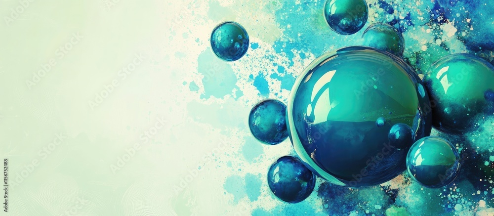 Poster colorful abstract expressionist background with green and blue geometric balls and ample space for t