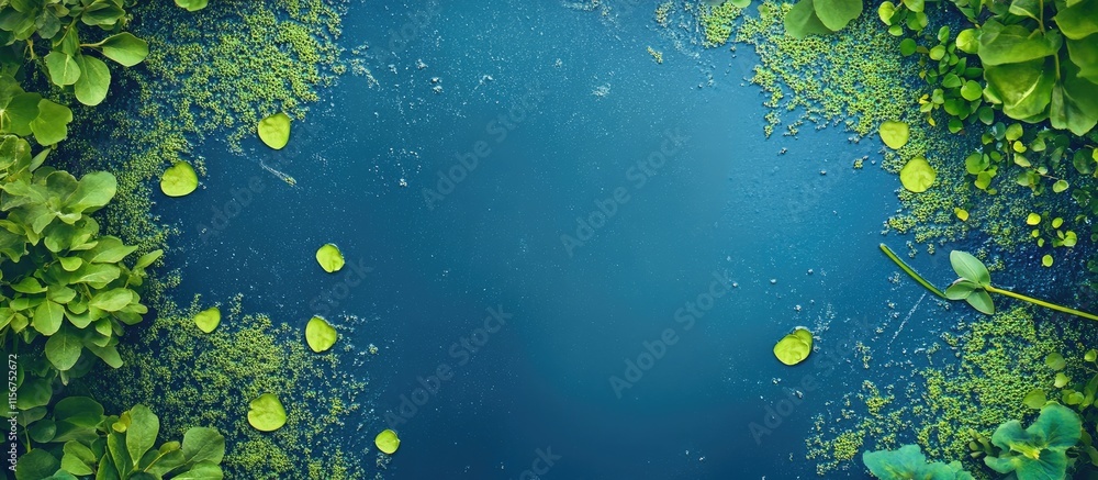 Poster lush green and blue algae covered lake with vibrant nature elements and empty space for text or grap