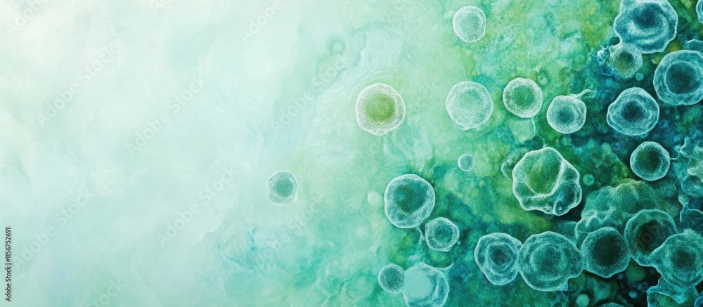 Poster abstract algae and bacteria cells background in green and blue with copy space for text or design el