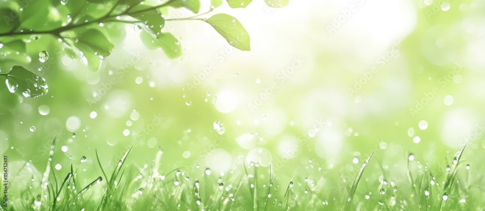 Poster fresh green background featuring water drops on glass with soft bokeh effect and ample copy space fo