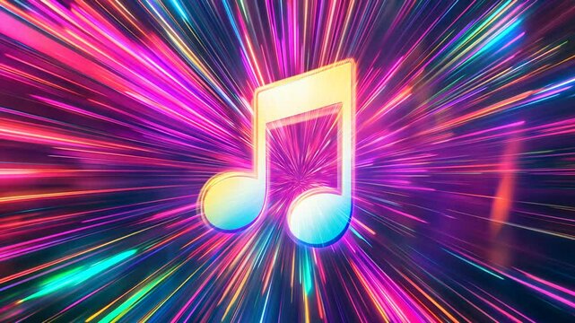 A music note icon with burst of colorful light. Music concept
