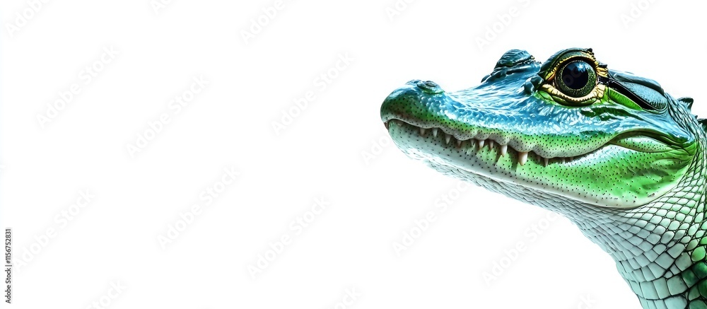Poster green alligator isolated on white background with copy space for creative text and design applicatio