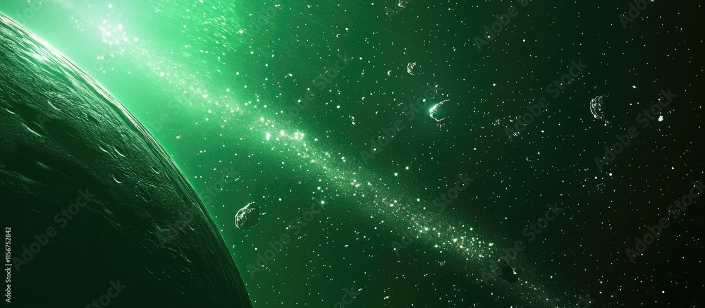 Poster galactic green background texture with asteroids and copy space for text in cosmic theme