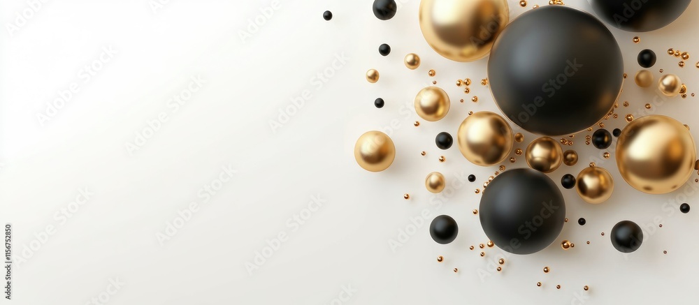 Poster gold and black spheres arranged artistically on a white background with geometric elements and space