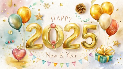 Happy New Year 2025 Celebration with Balloons and Decorations. happy easter card, happy easter card with eggs.