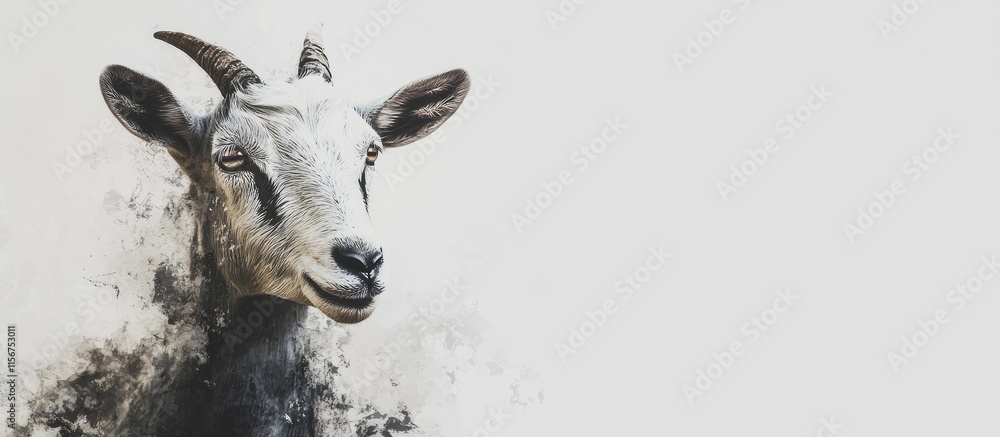 Poster goat portrait with plain white background and negative space ideal for text placement and creative d
