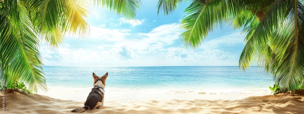 Poster dog enjoying a tropical beach setting with a sandy shore and scenic ocean view perfect for adding pe