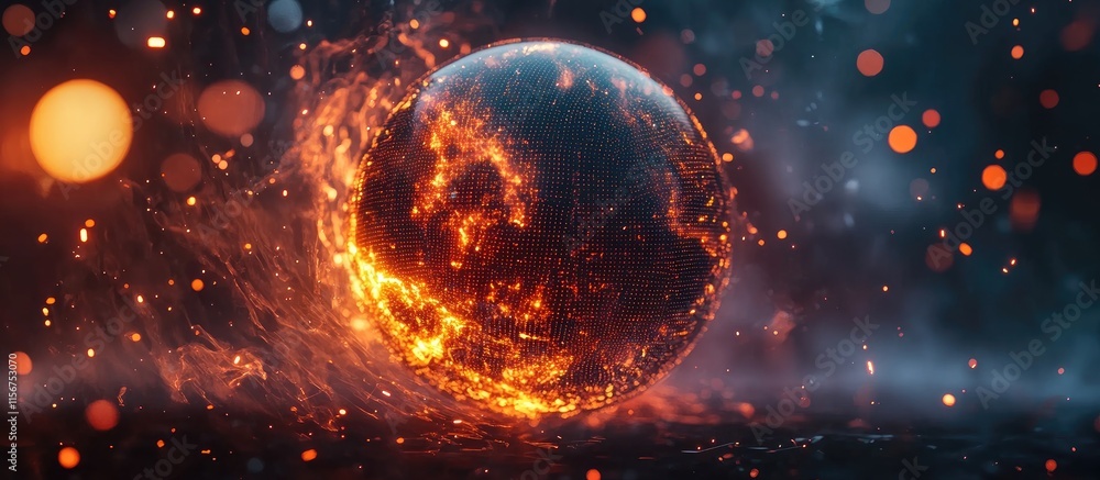 Poster Illuminated spherical wireframe amidst dynamic data streams with space for customization in digital or tech-themed designs