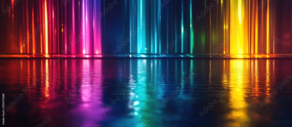 Poster glowing rainbow lights reflecting on wet surfaces in a dark room creating a vibrant festive backdrop