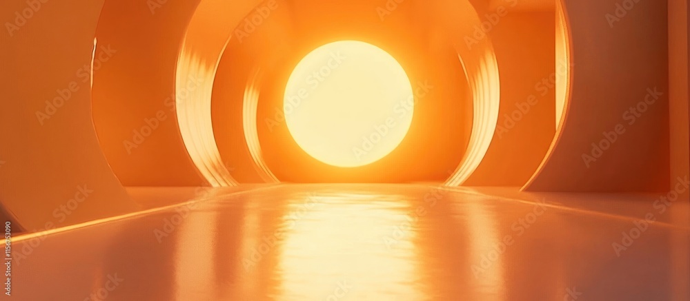 Poster vibrant orange light radiates through a corridor with a reflective surface and space for custom text