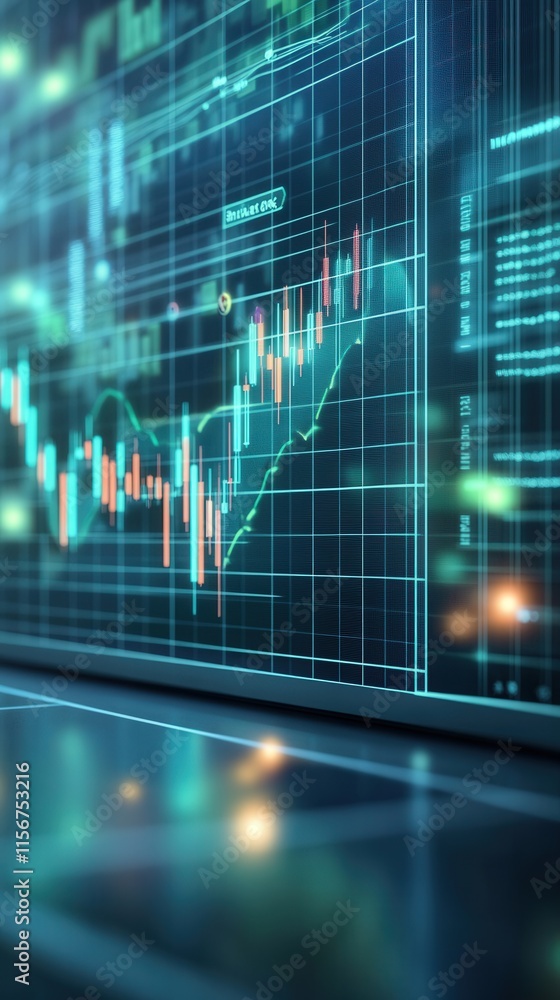 Poster futuristic data visualization of financial market trends with graphs, candlestick patterns, and digi