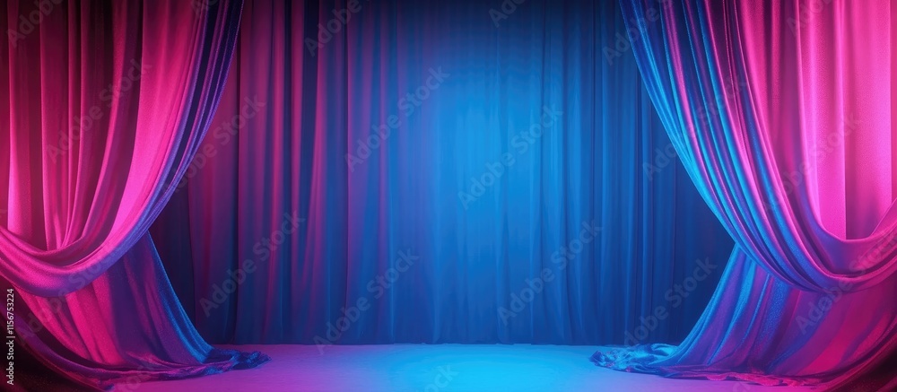 Poster vibrant neon blue and pink curtains creating a dramatic backdrop with ample empty space for personal