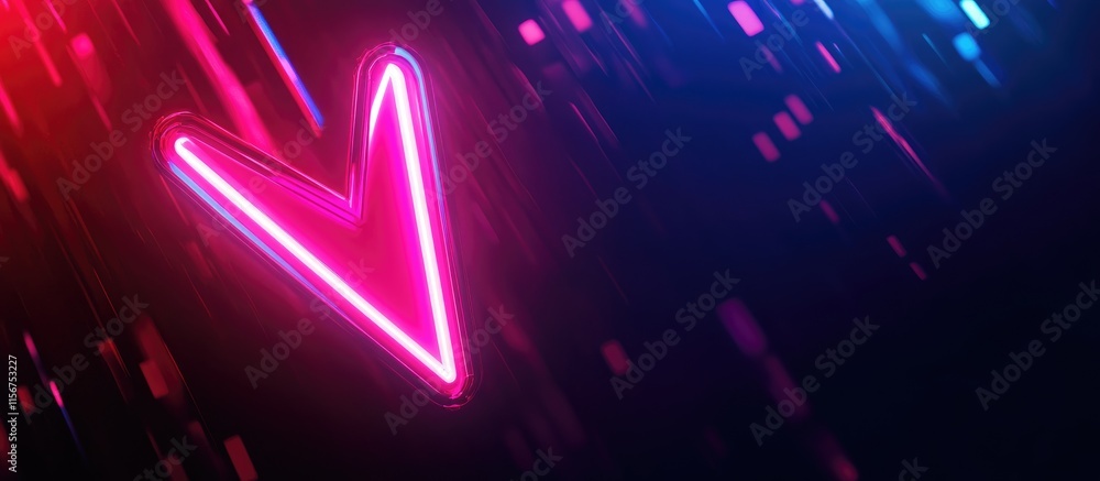 Poster neon pink glowing arrow on dark blue background with space for text highlighting direction and creat