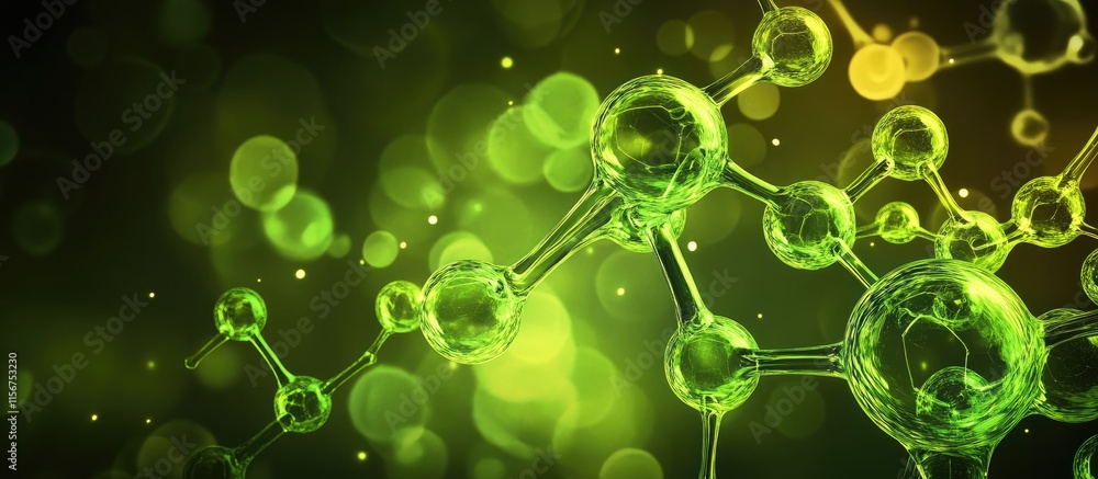 Poster Dynamic neon green molecular structures with abstract background and blank space for customized text display.