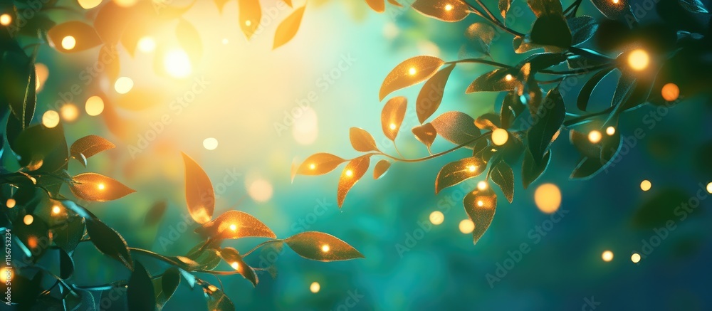 Poster ethereal glow of glowing light illuminating foliage with soft bokeh effects creating a serene atmosp