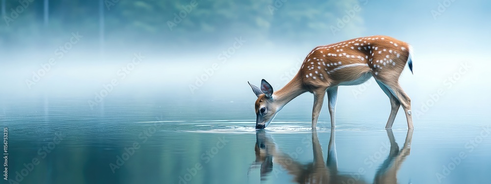 Poster doe drinking water by serene lake in misty forest with tranquil atmosphere and copy space for text a