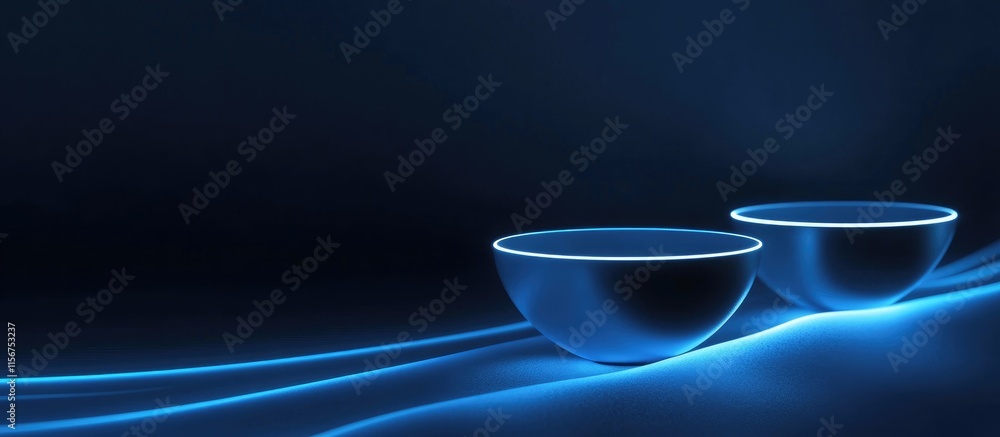 Poster glowing minimalist bowls dynamically positioned against a dark background with ample space for creat