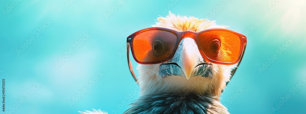 Poster dodo bird with sunglasses in vibrant colors surrounded by clear copy space for creative text and des