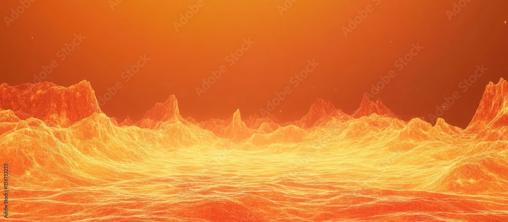 Poster dynamic fiery surface of a glowing hot planet in vibrant orange and red hues with deep space backdro