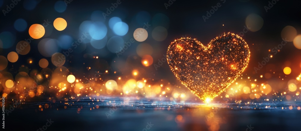 Poster glowing heart shaped bokeh with swirling lights creating a romantic atmosphere and space for persona