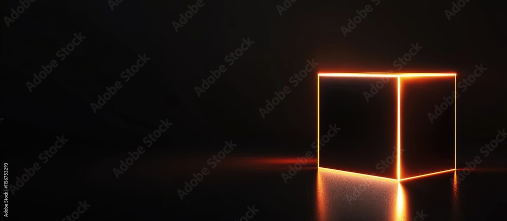 Poster Illuminated cube in dark setting creating a dramatic abstract background perfect for text insertion or design elements