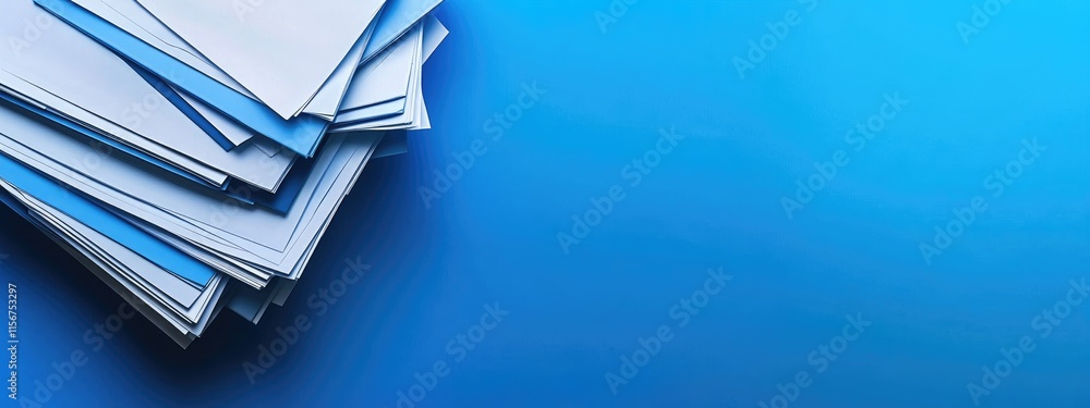 Poster documents and reports arranged on blue background with ample copy space for text showcasing organiza