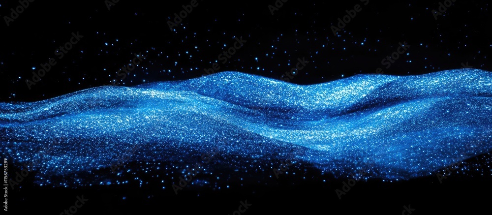 Poster serene dark background featuring glowing blue wavy particles creating a tranquil atmosphere with amp