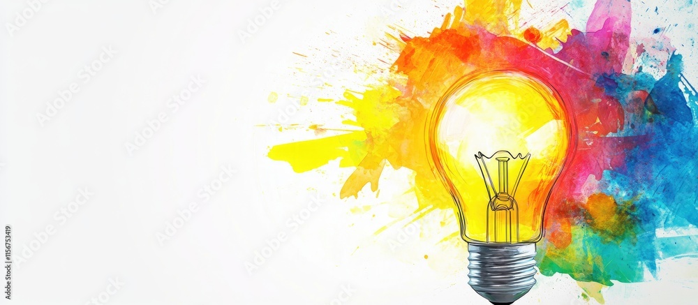Poster vibrant light bulb concept symbolizing innovation surrounded by colorful paint splashes and blank sp