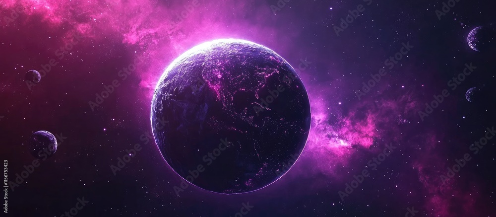 Poster illuminated earth globe in cosmic scene with vibrant colors and ample space for customizable text or