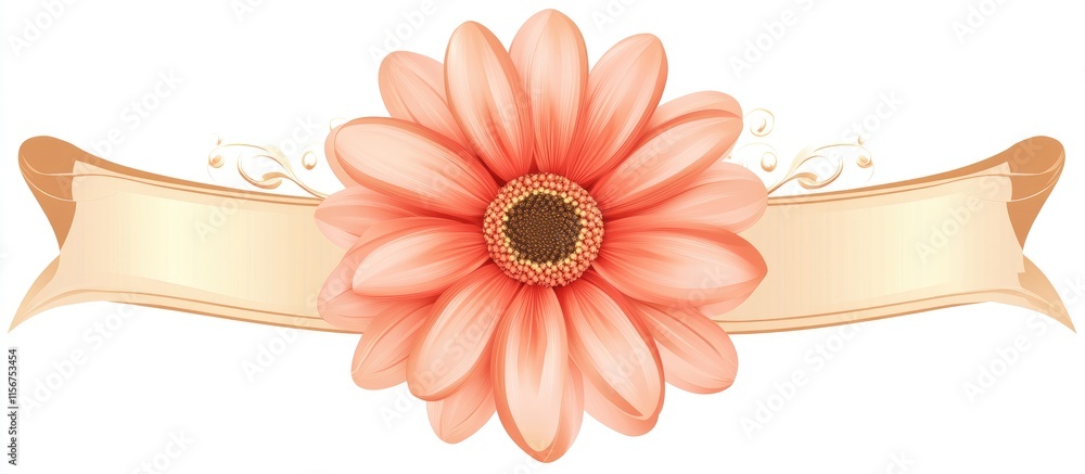 Poster gilded shield design with a gerbera flower and blank space for text on a white background suitable f