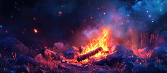 Majestic Glowing Campfire Surrounded by Mystical Smoke in a Serene Forest Setting with Space for Text Overlay