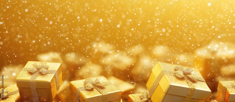 Poster golden festive background featuring gift boxes with sparkles and empty space for customizable text o
