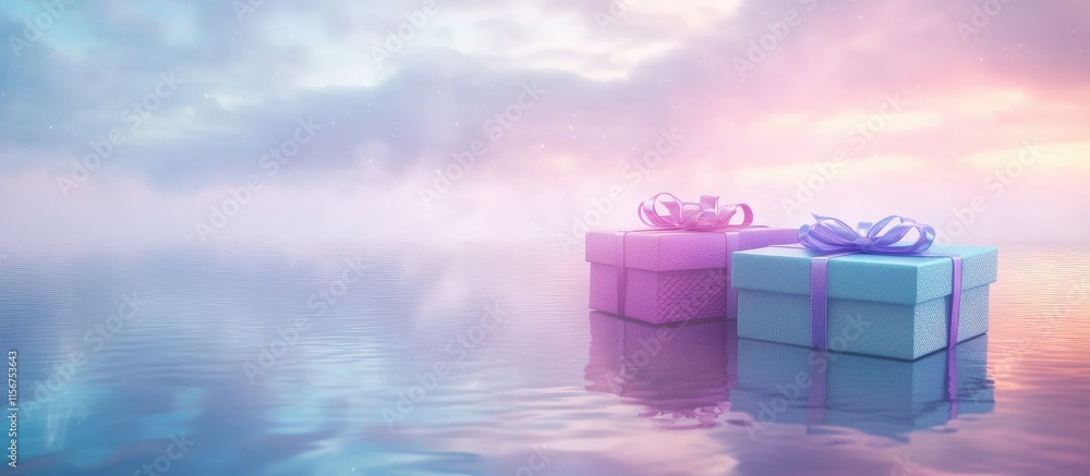 Poster colorful gift boxes on a serene reflective surface with a misty background and ample empty space for