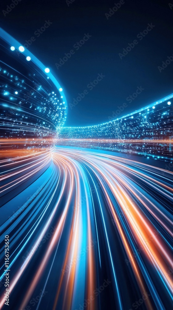 Poster dynamic flow of light trails in a digital space representing speed and technology innovations in a f