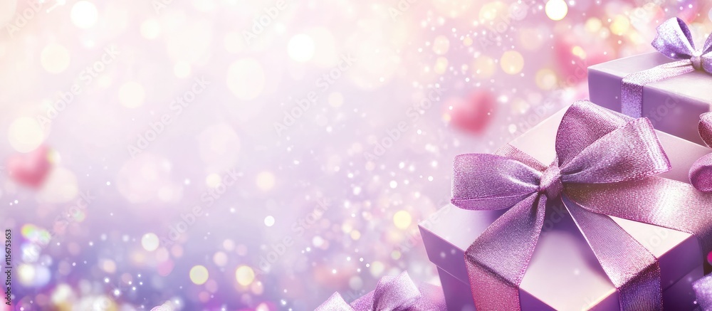 Poster valentine's day gift boxes with lilac ribbons and shimmering bokeh lights creating a romantic backgr