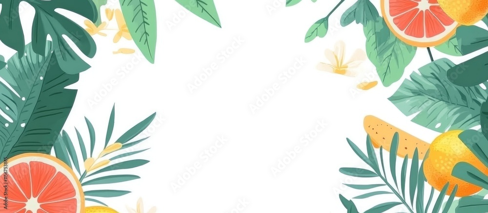 Poster tropical citrus fruits and lush foliage creating a vibrant frame with empty space for text or graphi