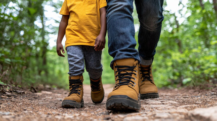 A child and adult walking together on a dirt path in a forest, both wearing sturdy boots, enjoying nature and companionship.